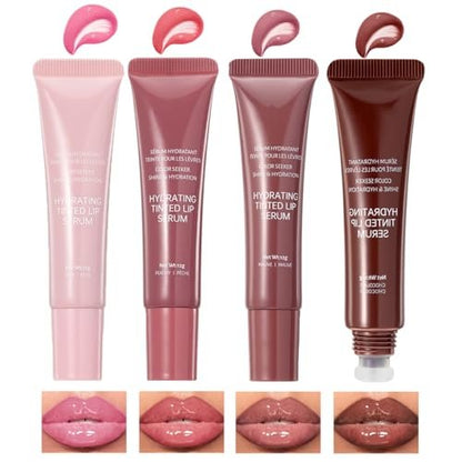 Pakivs 4 Colors Jelly Tinted Lip Serum Gloss - Hydrating, Plumping, Long-Lasting Moisturizing Lip Glaze with Polypeptide, Non-Sticky Glossy Finish