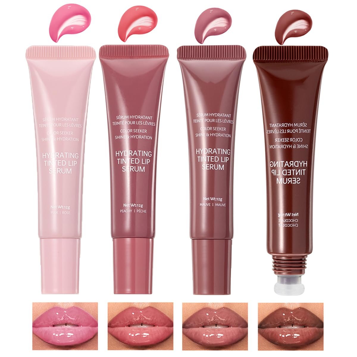 Pakivs 4 Colors Jelly Tinted Lip Serum Gloss - Hydrating, Plumping, Long-Lasting Moisturizing Lip Glaze with Polypeptide, Non-Sticky Glossy Finish - görsel 1
