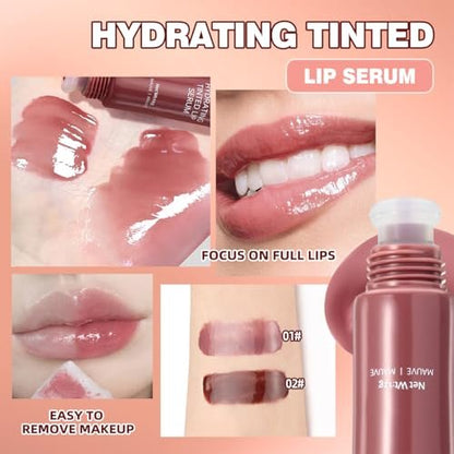 Pakivs 4 Colors Jelly Tinted Lip Serum Gloss - Hydrating, Plumping, Long-Lasting Moisturizing Lip Glaze with Polypeptide, Non-Sticky Glossy Finish