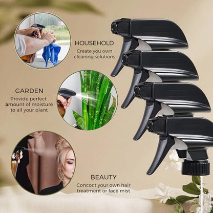 Visberius 4 Pack Trigger Sprayers Replacement Spray Nozzles with Mist Stream Sprayer for 8oz/16oz Glass Spray Bottles - Quality Spray Nozzles for Home, Kitchen, Garden and Office Cleaning Solutions