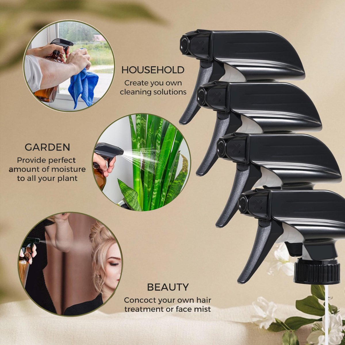Visberius 4 Pack Trigger Sprayers Replacement Spray Nozzles with Mist Stream Sprayer for 8oz/16oz Glass Spray Bottles - Quality Spray Nozzles for Home, Kitchen, Garden and Office Cleaning Solutions - görsel 9