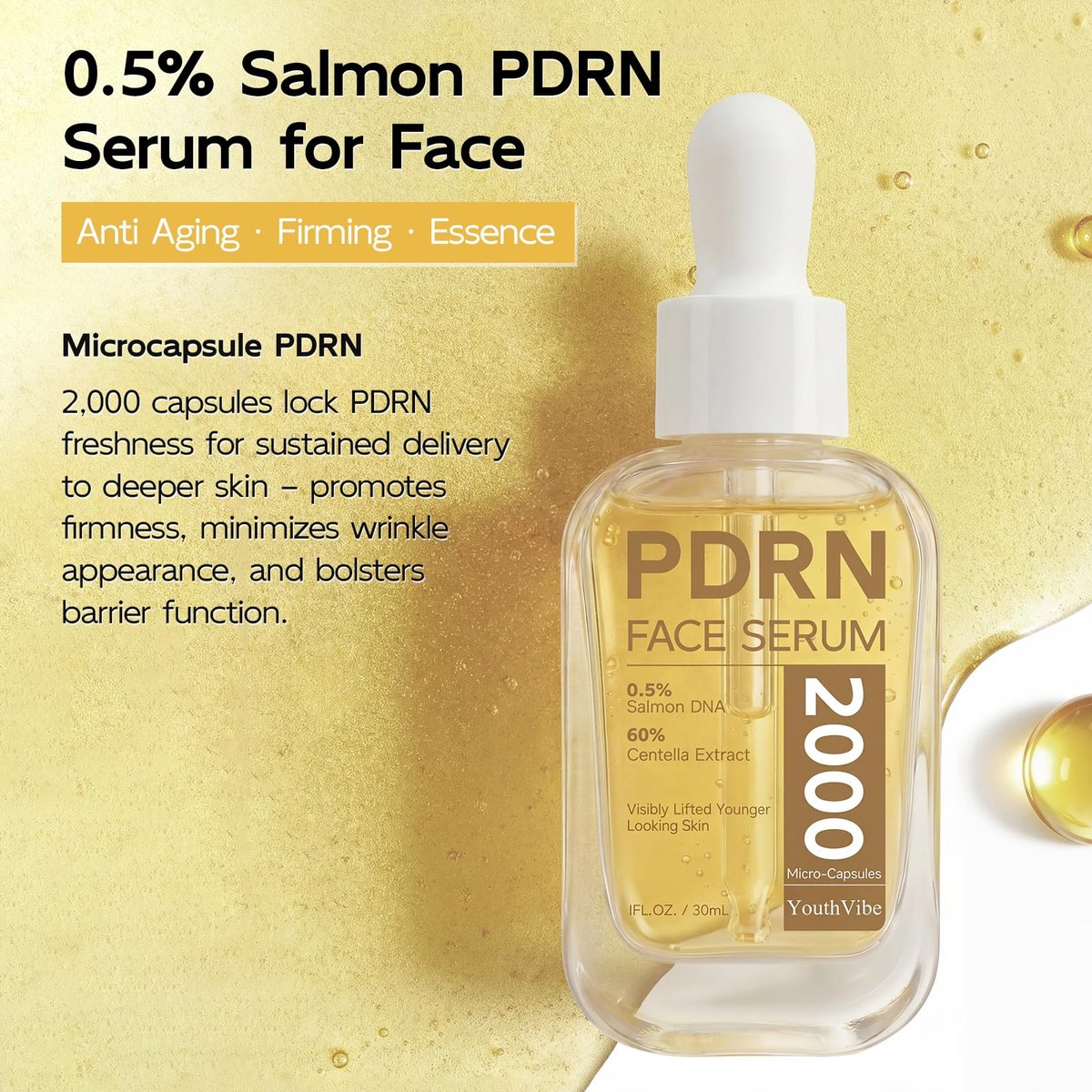 YouthVibe 0.5% PDRN Serum for Face – Anti-Aging Salmon DNA Serum with Hyaluronic Acid, Niacinamide & Squalane, Firming & Hydrating, Helps Smooth Fine Lines & Wrinkles, 30mL Avelisse