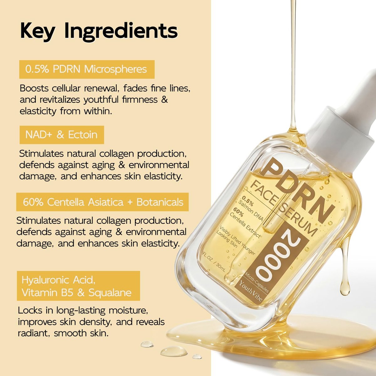YouthVibe 0.5% PDRN Serum for Face – Anti-Aging Salmon DNA Serum with Hyaluronic Acid, Niacinamide & Squalane, Firming & Hydrating, Helps Smooth Fine Lines & Wrinkles, 30mL Avelisse
