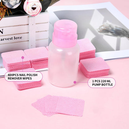400pcs Lint Free Nail Wipes Kit with Acetone Pump Dispenser - SHEERBLISS Gel Nail Polish Remover Wipes for Salon & Home Use
