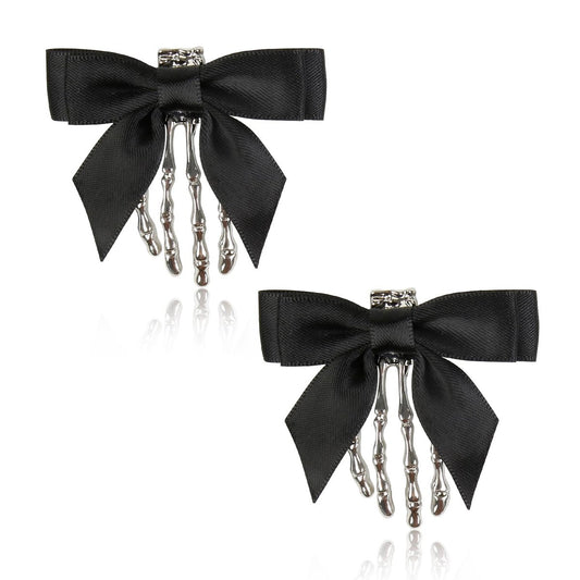 2 Pack Halloween Skeleton Hand Hair Clips with Bowknot - Cute Skull Hand Hair Clip for Women, Party Cosplay Hair Accessories (Black)