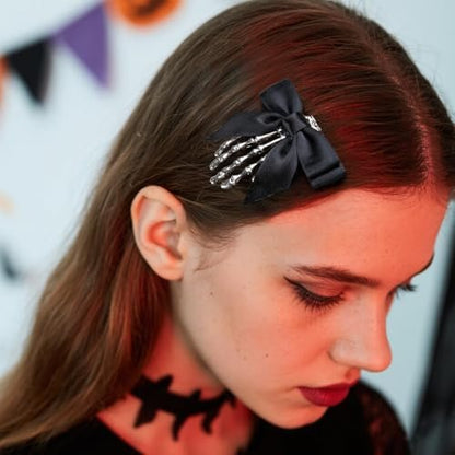 2 Pack Halloween Skeleton Hand Hair Clips with Bowknot - Cute Skull Hand Hair Clip for Women, Party Cosplay Hair Accessories (Black)