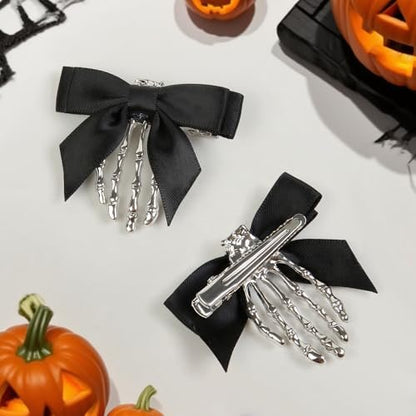 2 Pack Halloween Skeleton Hand Hair Clips with Bowknot - Cute Skull Hand Hair Clip for Women, Party Cosplay Hair Accessories (Black)