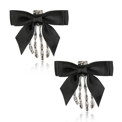 2 Pack Halloween Skeleton Hand Hair Clips with Bowknot - Cute Skull Hand Hair Clip for Women, Party Cosplay Hair Accessories (Black)