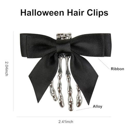 2 Pack Halloween Skeleton Hand Hair Clips with Bowknot - Cute Skull Hand Hair Clip for Women, Party Cosplay Hair Accessories (Black)