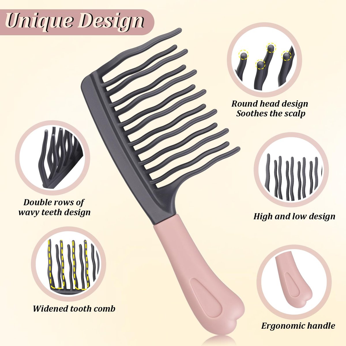 2-Pack Wide Tooth Comb for Curly Hair - Detangling Brush with Double-Layer Wavy Teeth & Ergonomic Handle for Long/Thick Wet/Dry Hair - Travel Curl Comb for Women, Men, Girls - görsel 5