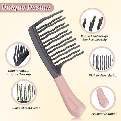 2-Pack Wide Tooth Comb for Curly Hair - Detangling Brush with Double-Layer Wavy Teeth & Ergonomic Handle for Long/Thick Wet/Dry Hair - Travel Curl Comb for Women, Men, Girls