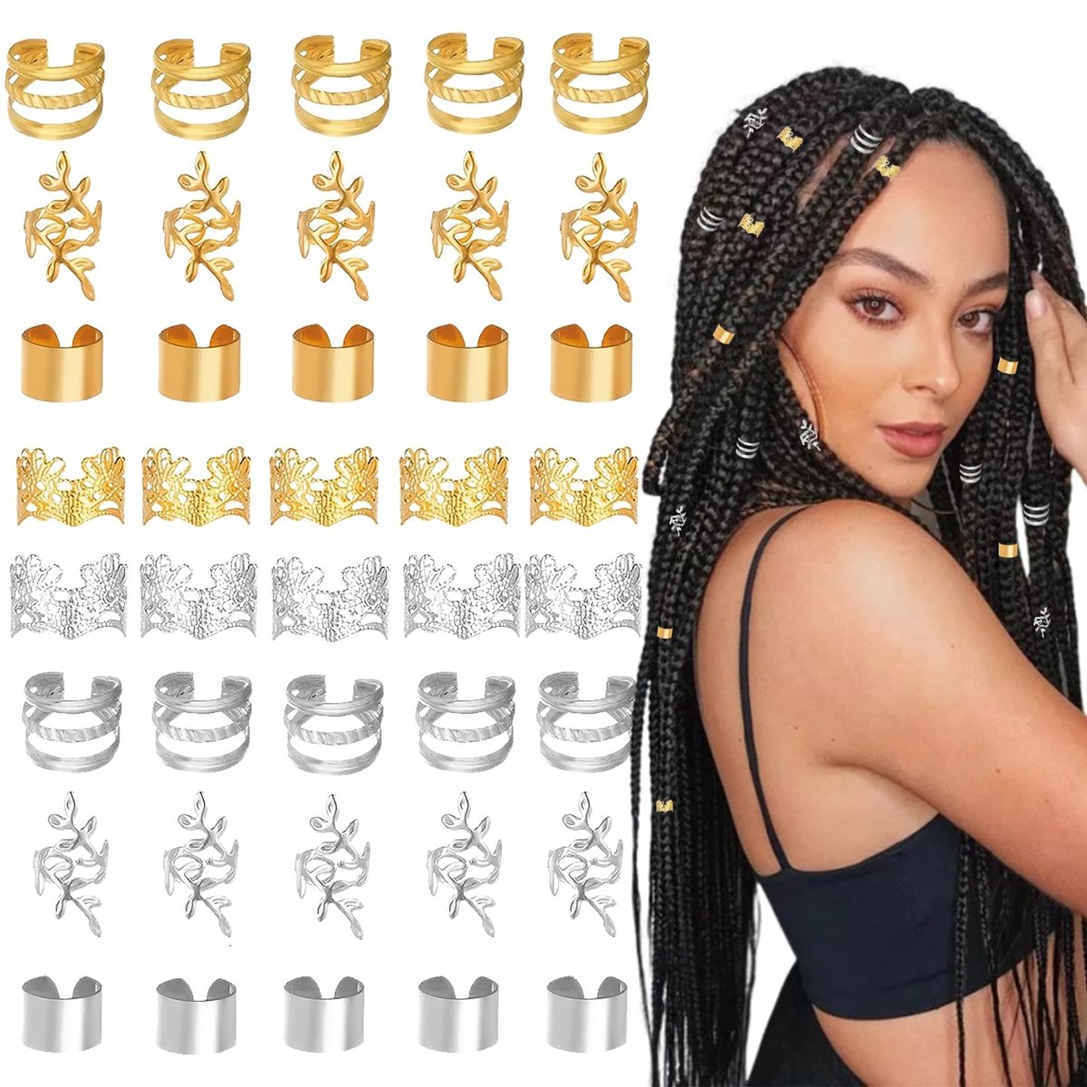 40-Piece Hair Jewelry Set for Braids - Gold & Silver Metal Braids Clips & Dreadlock Accessories for Women and Girls - görsel 1