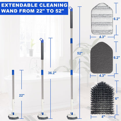 Keleekelin 52-inch Adjustable Long Handle Tile Tub Scrubber Brush - 3-in-1 Rotatable Shower Brush with 3 Replacement Heads for Tub, Tile, Bathroom, Kitchen Walls (Blue)