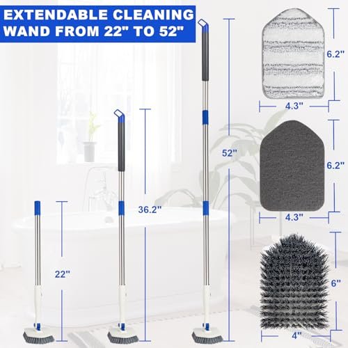 Keleekelin 52-inch Adjustable Long Handle Tile Tub Scrubber Brush - 3-in-1 Rotatable Shower Brush with 3 Replacement Heads for Tub, Tile, Bathroom, Kitchen Walls (Blue) - görsel 3
