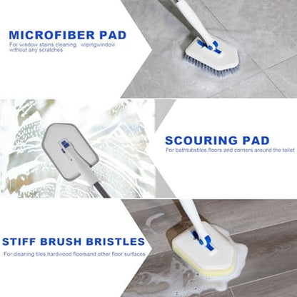 Keleekelin 52-inch Adjustable Long Handle Tile Tub Scrubber Brush - 3-in-1 Rotatable Shower Brush with 3 Replacement Heads for Tub, Tile, Bathroom, Kitchen Walls (Blue)