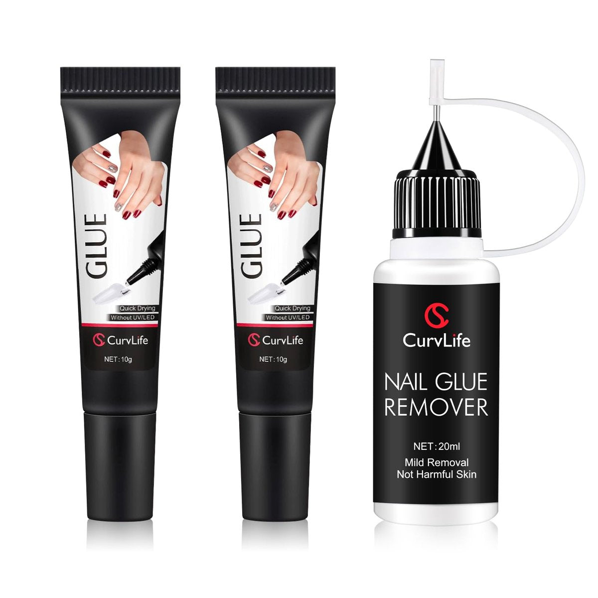 Curvlife 2pcs 10g Semi-Solid Glue Gel and 20ml Pinpoint Glue Remover Kit for Press on Nails - Quick Dry No UV Lamp Needed, Gentle Non-Acetone Remover, Valentine's Day Gifts Avelisse