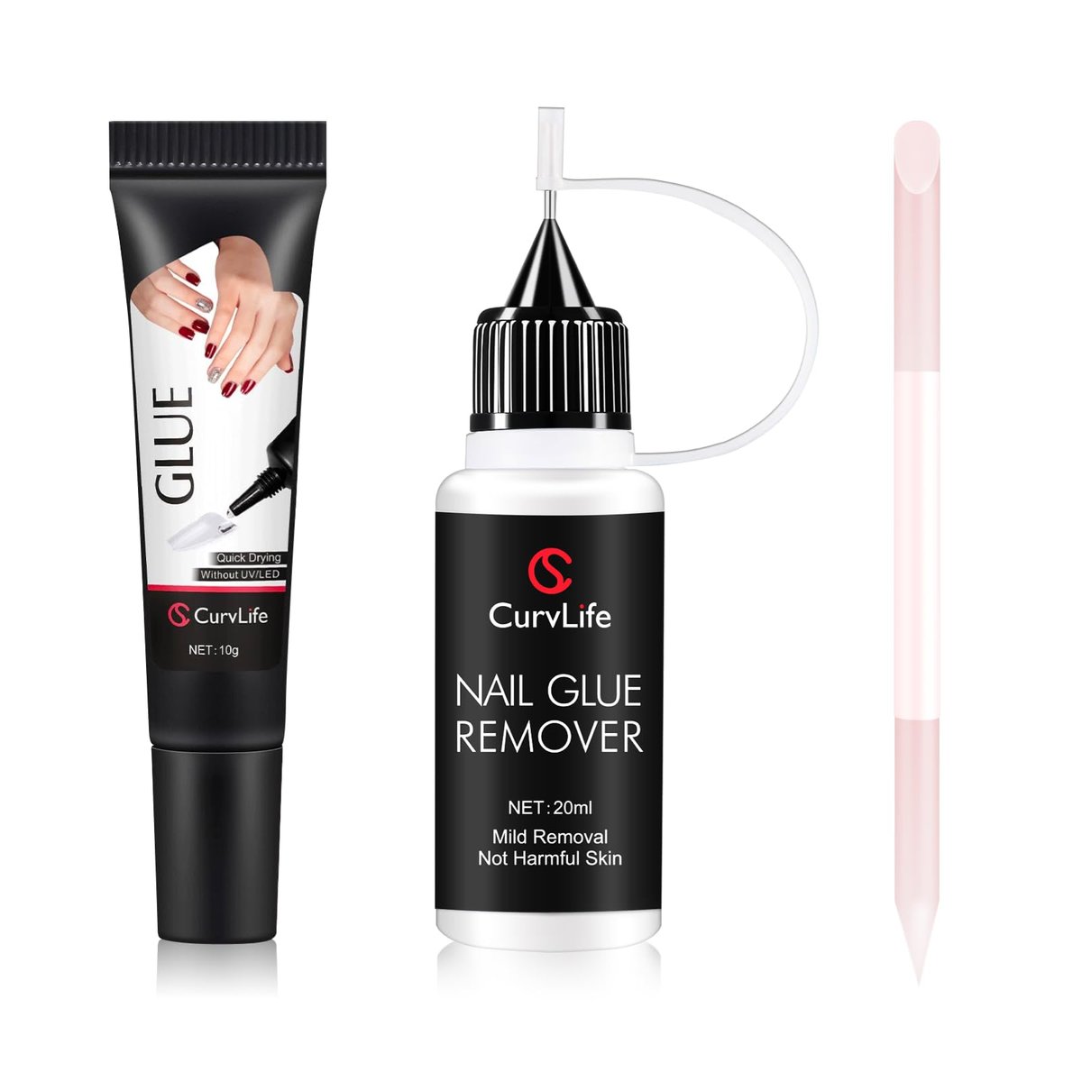 Curvlife 10g Semi Solid Nail Glue Gel & 20ml Pinpoint Nail Glue Remover Kit for Press On Nails with Cuticle Pusher & Czech Glass File Avelisse