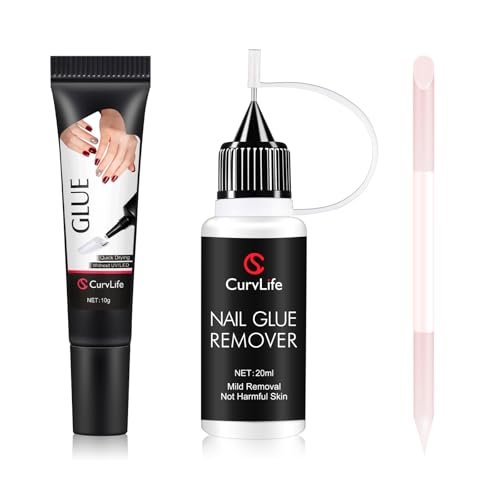 Curvlife 10g Semi Solid Nail Glue Gel & 20ml Pinpoint Nail Glue Remover Kit for Press On Nails with Cuticle Pusher & Czech Glass File Avelisse
