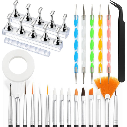 HHOOMY 15pcs Nail Art Brushes & 5pcs Dotting Pens Set with Stand, Holder, Tweezers, Double-Sided Tape – Complete DIY Nail Design Kit for Press-On Nails