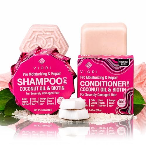 Viori Coconut Advanced Repair Shampoo & Conditioner Bar Set – Longsheng Rice Water & Jojoba Esters – Sulfate-Free, Eco-Friendly Travel Bars for Dry or Damaged Hair Avelisse