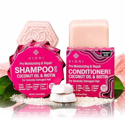 Viori Coconut Advanced Repair Shampoo & Conditioner Bar Set – Longsheng Rice Water & Jojoba Esters – Sulfate-Free, Eco-Friendly Travel Bars for Dry or Damaged Hair Avelisse