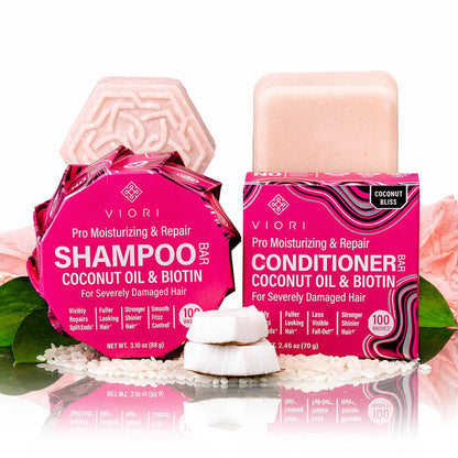 Viori Coconut Advanced Repair Shampoo & Conditioner Bar Set – Longsheng Rice Water & Jojoba Esters – Sulfate-Free, Eco-Friendly Travel Bars for Dry or Damaged Hair Avelisse