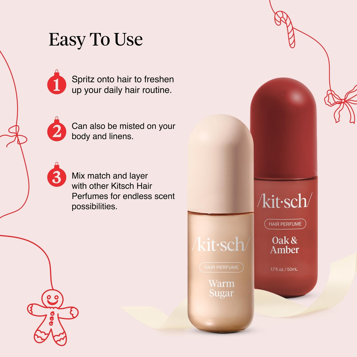 Kitsch Hair Perfume for Women – Warm Sugar & Oak & Amber | Clean, Deodorizing Hair Spray & Body Mist (50mL, 2-Pack) Avelisse