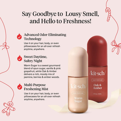 Kitsch Hair Perfume for Women – Warm Sugar & Oak & Amber | Clean, Deodorizing Hair Spray & Body Mist (50mL, 2-Pack) Avelisse