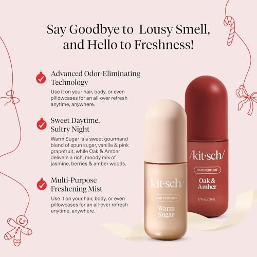 Kitsch Hair Perfume for Women – Warm Sugar & Oak & Amber | Clean, Deodorizing Hair Spray & Body Mist (50mL, 2-Pack) Avelisse