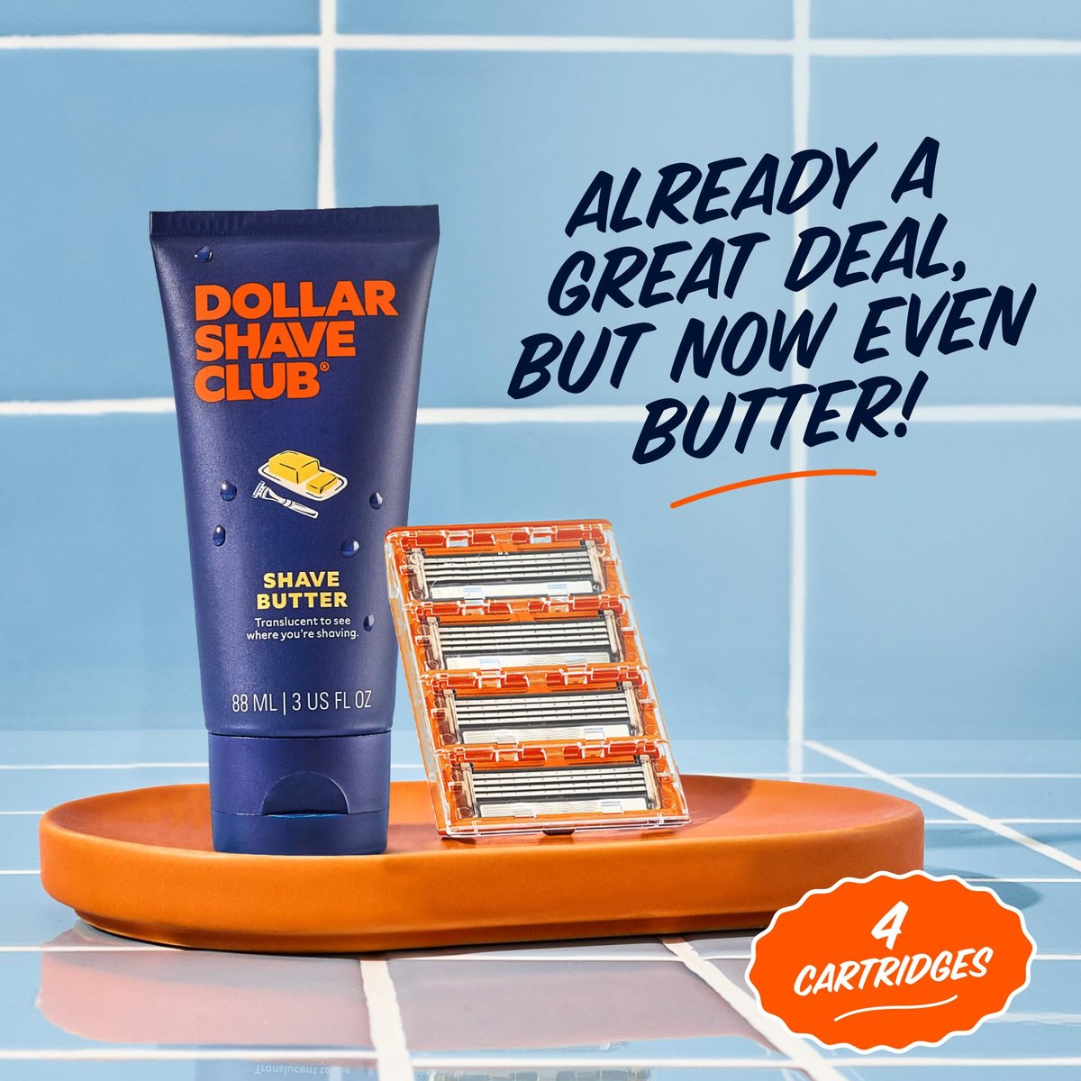 Dollar Shave Club 4-Blade Razor Refills (4 Pack) with Shave Butter 3 oz – Swift Rinse Blades for Men Avelisse