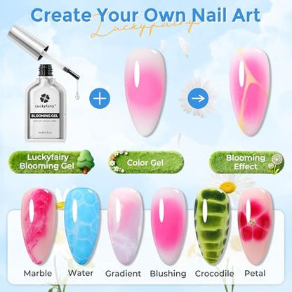 Luckyfairy Blooming Gel Nail Polish Clear - 15ml Nail Blooming Gel for Spreading Effects, Marble Watercolor & Floral Nail Art