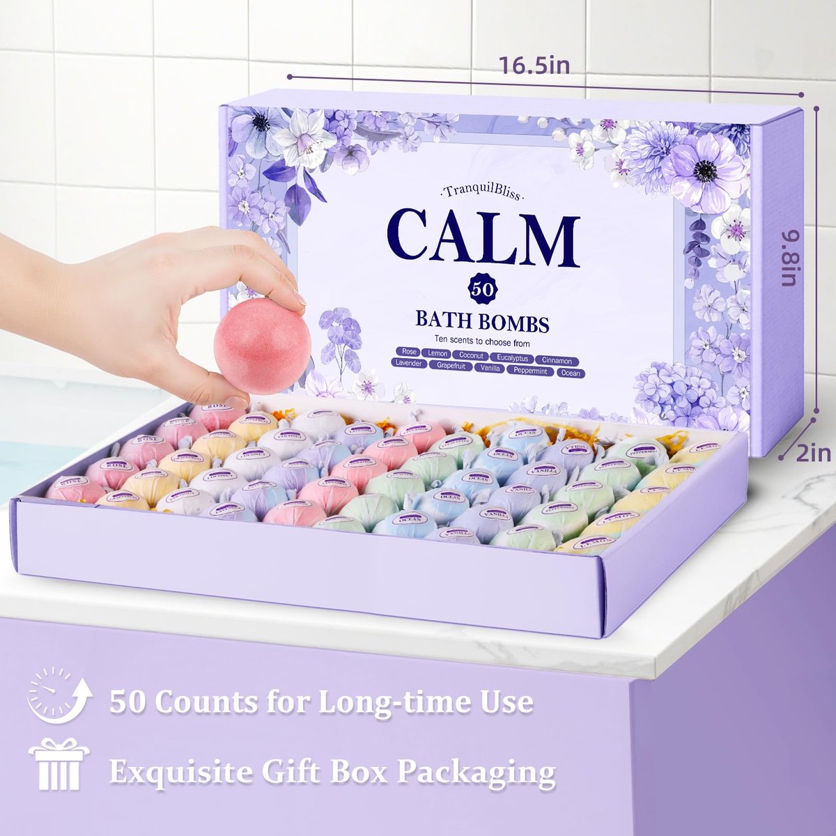TranquilBliss Bath Bombs for Women – 50 PCS Set with 10 Rich Scents, Natural Moisturizing Bath Bombs, Perfect Gift for Mom, Wife, Her Avelisse