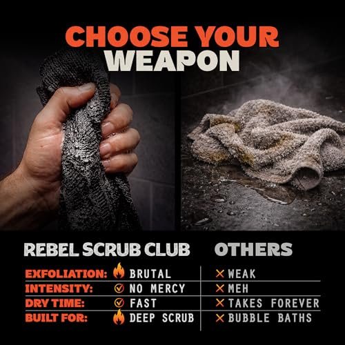 REBEL SCRUB CLUB Extra Rough Exfoliating Washcloth – Deep Clean Body Scrubber for Shower & Bath – Nylon Exfoliating Towel (Black, 35" x 12") Avelisse