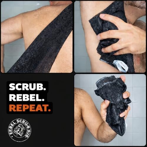 REBEL SCRUB CLUB Extra Rough Exfoliating Washcloth – Deep Clean Body Scrubber for Shower & Bath – Nylon Exfoliating Towel (Black, 35" x 12") Avelisse