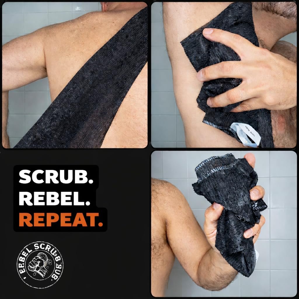 REBEL SCRUB CLUB Extra Rough Exfoliating Washcloth – Deep Clean Body Scrubber for Shower & Bath – Nylon Exfoliating Towel (Black, 35" x 12") Avelisse