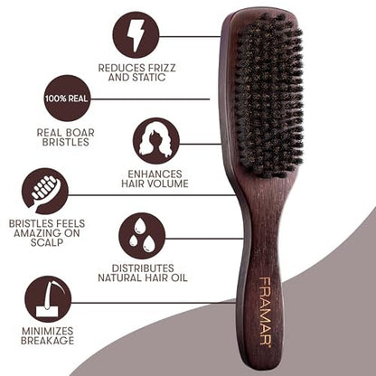 FRAMAR Slick Back Hair Brush – Boar Bristle Smoothing Brush for Fine Hair, Volume & Shine, Brown Velvet
