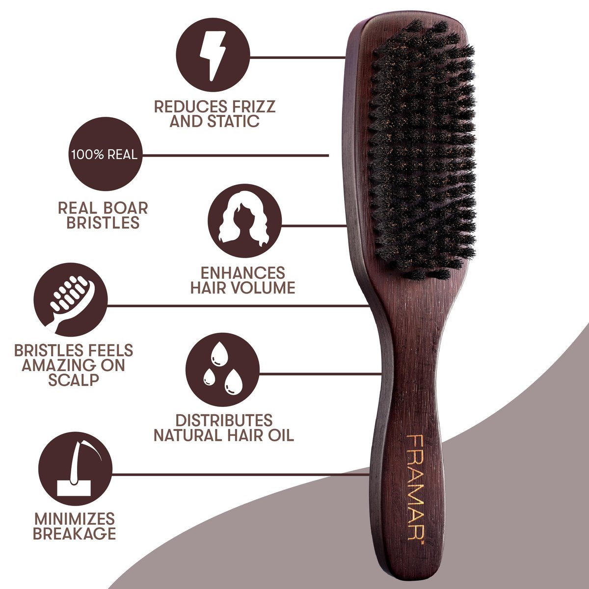 FRAMAR Slick Back Hair Brush – Boar Bristle Smoothing Brush for Fine Hair, Volume & Shine, Brown Velvet - görsel 11