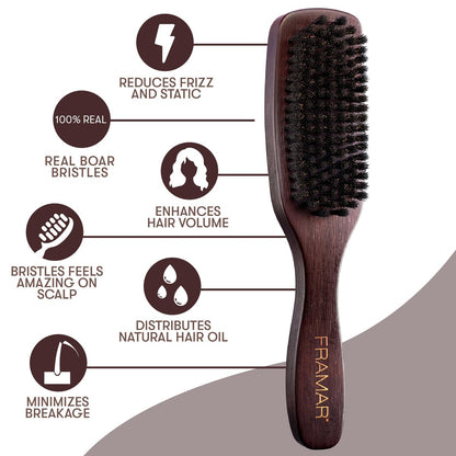 FRAMAR Slick Back Hair Brush – Boar Bristle Smoothing Brush for Fine Hair, Volume & Shine, Brown Velvet