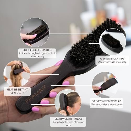 FRAMAR Slick Back Hair Brush – Boar Bristle Smoothing Brush for Fine Hair, Volume & Shine, Brown Velvet - görsel 6