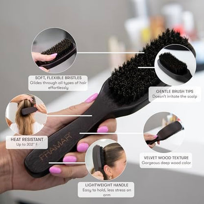 FRAMAR Slick Back Hair Brush – Boar Bristle Smoothing Brush for Fine Hair, Volume & Shine, Brown Velvet