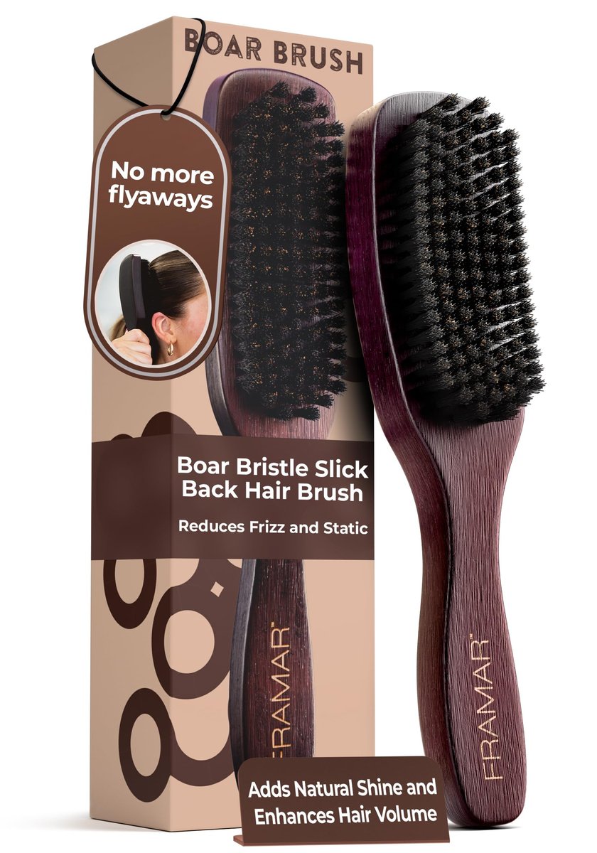 FRAMAR Slick Back Hair Brush – Boar Bristle Smoothing Brush for Fine Hair, Volume & Shine, Brown Velvet - görsel 1