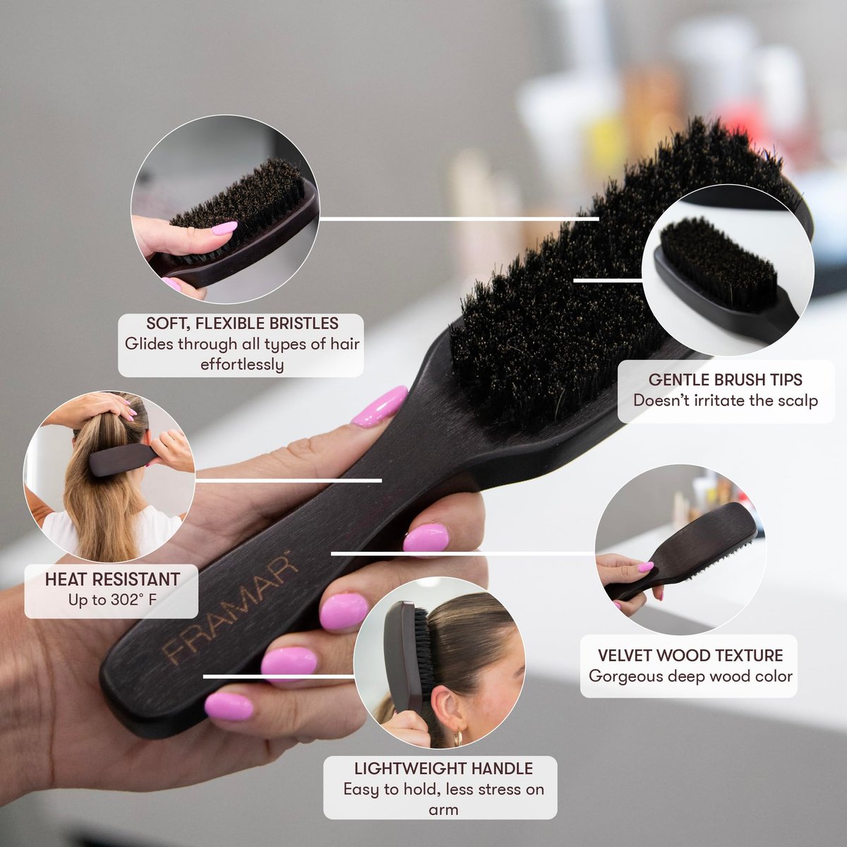 FRAMAR Slick Back Hair Brush – Boar Bristle Smoothing Brush for Fine Hair, Volume & Shine, Brown Velvet - görsel 5
