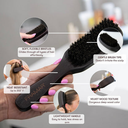 FRAMAR Slick Back Hair Brush – Boar Bristle Smoothing Brush for Fine Hair, Volume & Shine, Brown Velvet