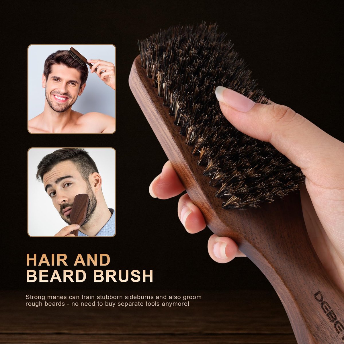 DEBETOOL Natural Walnut Wood Men's Hair Brush – Stiff Boar Bristle for Thin Hair Detangling & Beard Straightening - görsel 9