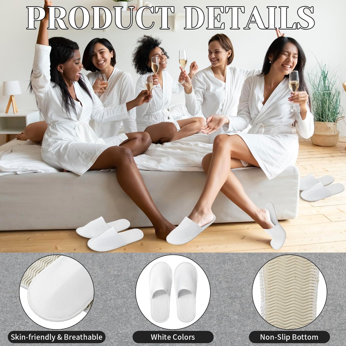 JarThenaAMCS 60 Pairs White Disposable Slippers - Non-Slip Fluffy Closed Toe Spa Slippers for Indoor, Travel, Hotel, Home, Party Guests - görsel 3
