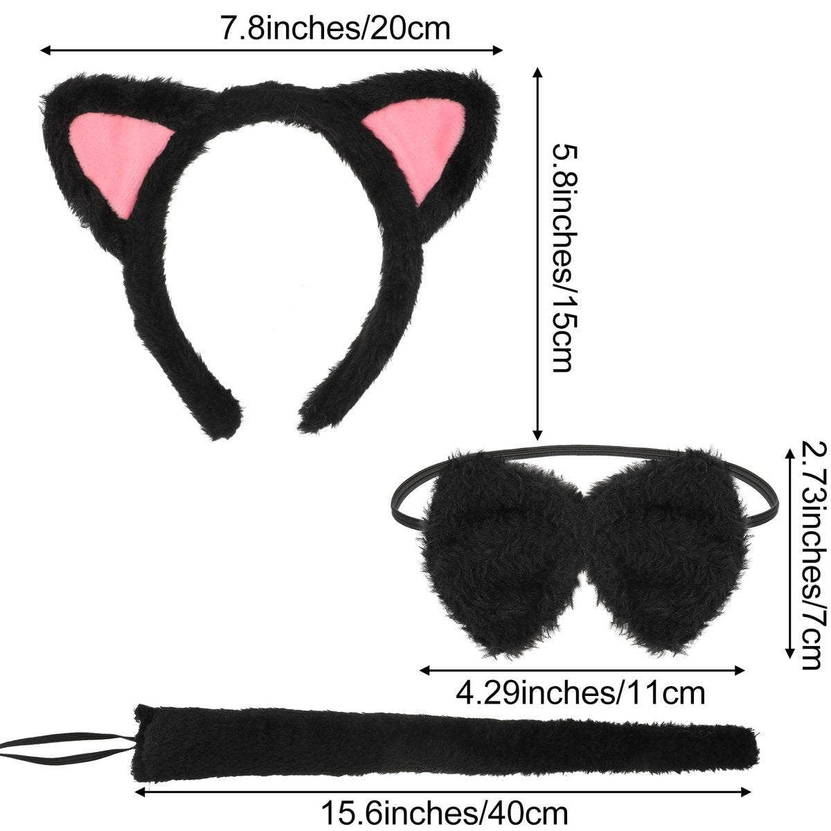 COMNICO Cat Ears Headband Set With Bow Tie and Tail - Black Soft Plush Fuzzy Kitten Hair Head Band for Women Halloween Carnival Anime Cosplay Party Costume Makeup Photo Props - görsel 3