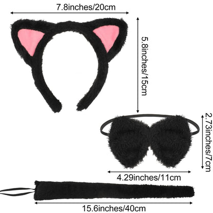 COMNICO Cat Ears Headband Set With Bow Tie and Tail - Black Soft Plush Fuzzy Kitten Hair Head Band for Women Halloween Carnival Anime Cosplay Party Costume Makeup Photo Props