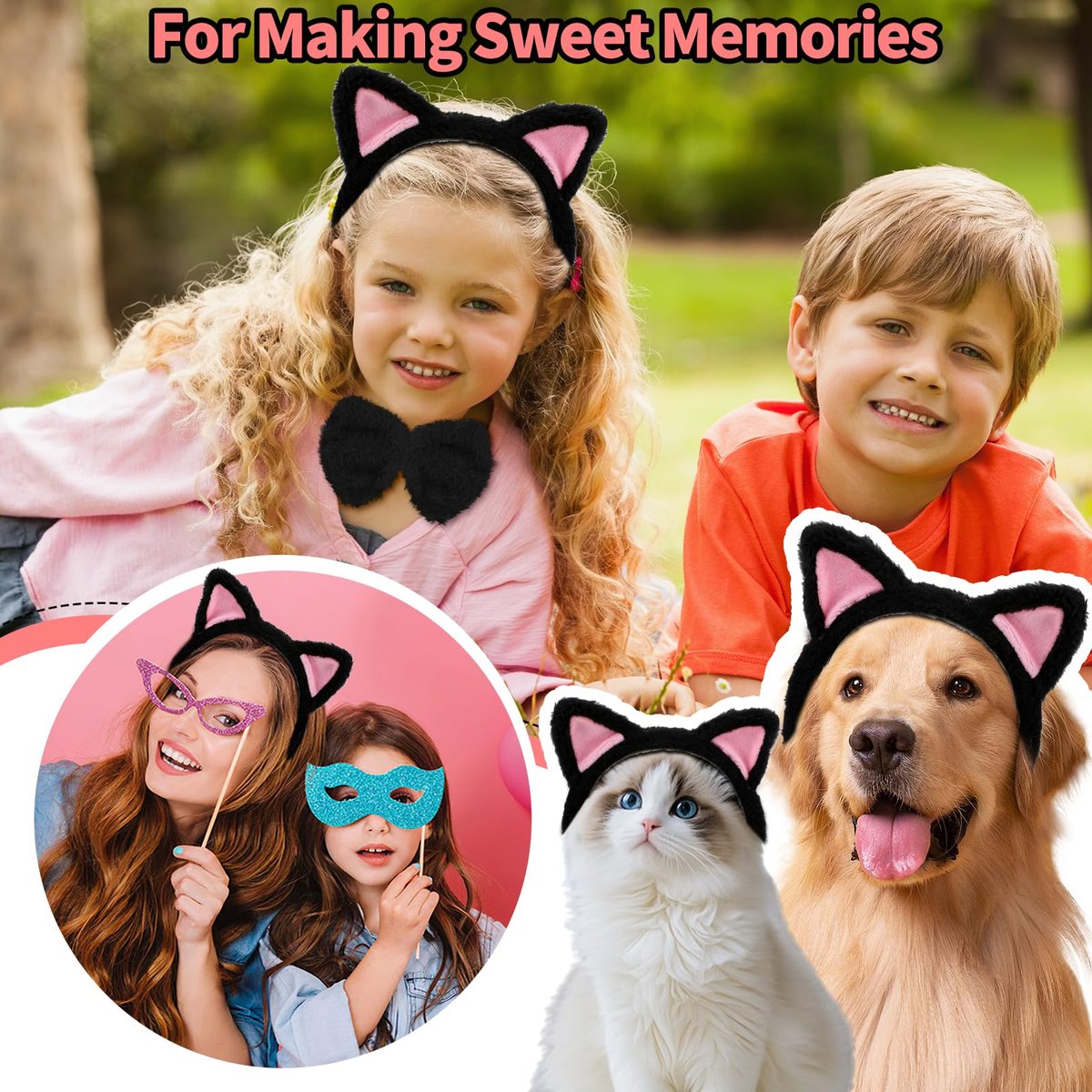 COMNICO Cat Ears Headband Set With Bow Tie and Tail - Black Soft Plush Fuzzy Kitten Hair Head Band for Women Halloween Carnival Anime Cosplay Party Costume Makeup Photo Props - görsel 7