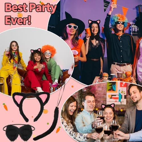 COMNICO Cat Ears Headband Set With Bow Tie and Tail - Black Soft Plush Fuzzy Kitten Hair Head Band for Women Halloween Carnival Anime Cosplay Party Costume Makeup Photo Props - görsel 6