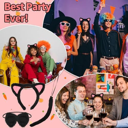 COMNICO Cat Ears Headband Set With Bow Tie and Tail - Black Soft Plush Fuzzy Kitten Hair Head Band for Women Halloween Carnival Anime Cosplay Party Costume Makeup Photo Props